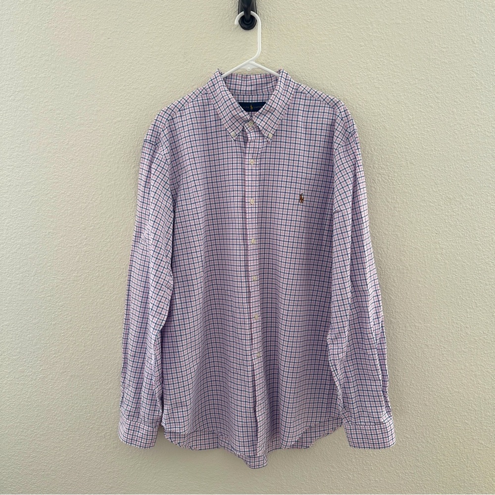 Ralph Lauren Long Sleeve Button Down Shirt XXL White Blue Pink Plaid Preppy